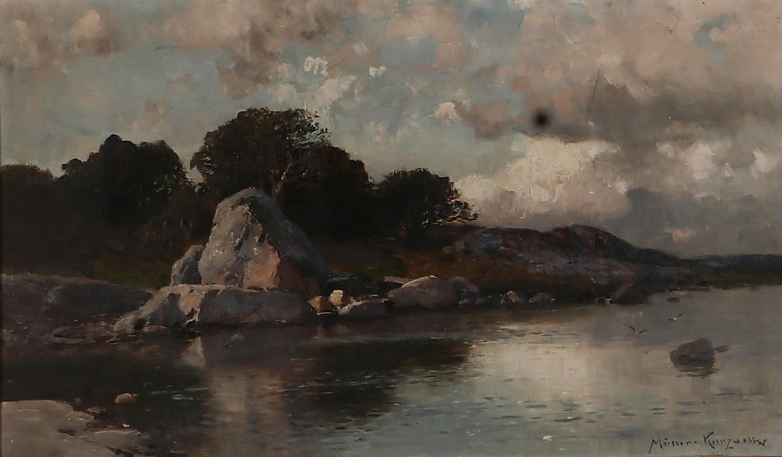 Continental School, Rock formation, oil on canvas: Continental School (20th century) Rock formation at the water's edge oil on canvas indistinctly signed lower right. 10 x 16 1/2in (25.5 x 42cm)