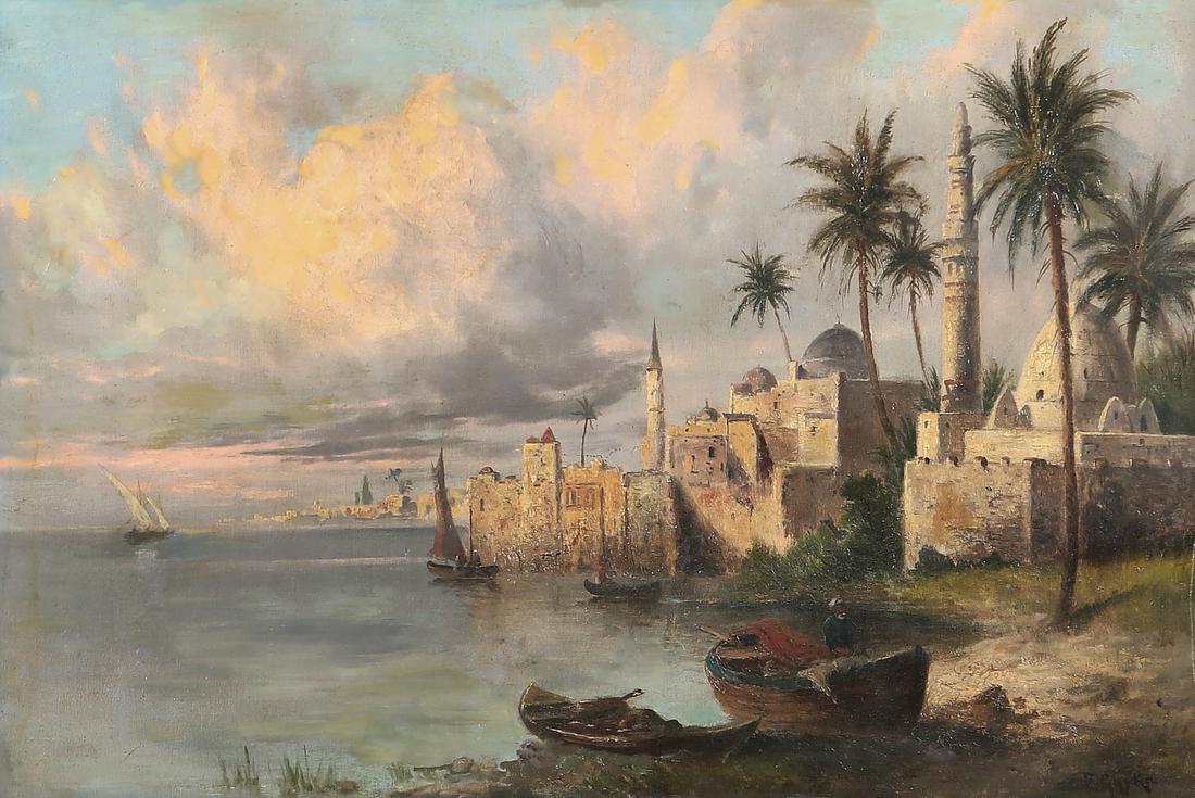 Continental, North African harbor at dusk, o/c (1 of 4)