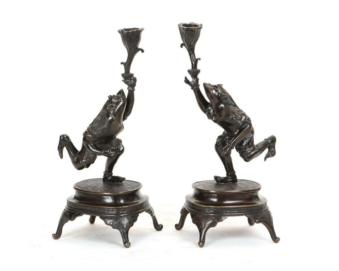 Pair of Japanese bronze frog form candlesticks (1 of 4)