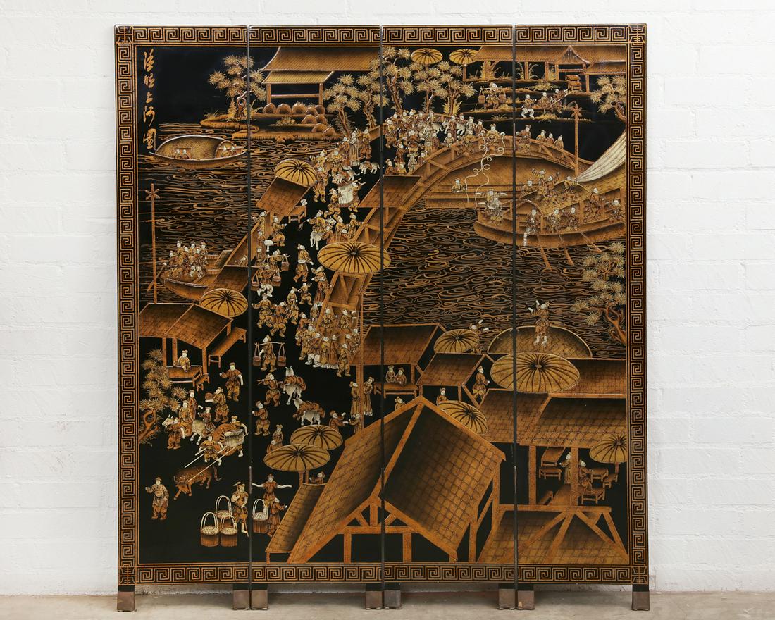 Chinese lacquer screen, river Qingming Festival (1 of 3)
