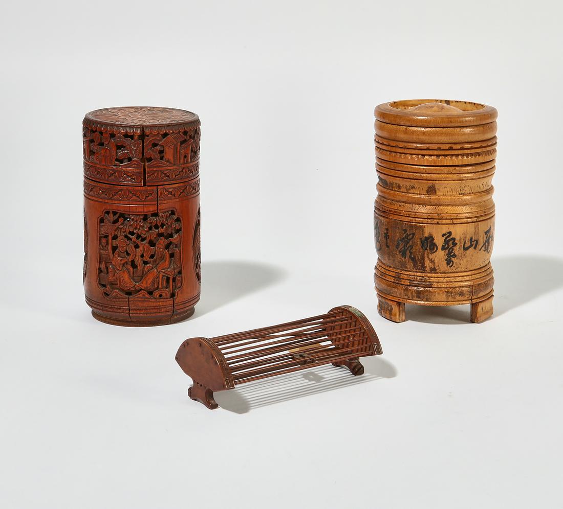 Two Chinese carved bamboo lidded jars (1 of 2)