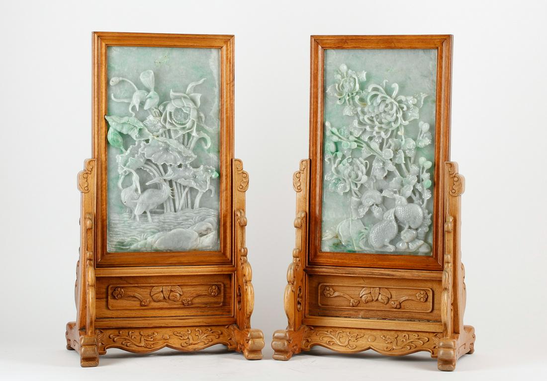Pair Chinese hardstone & hardwood table screens (1 of 6)