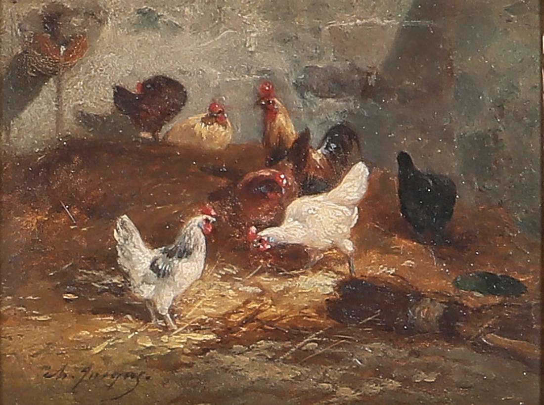 French School, Chickens feeding, oil on board (1 of 4)
