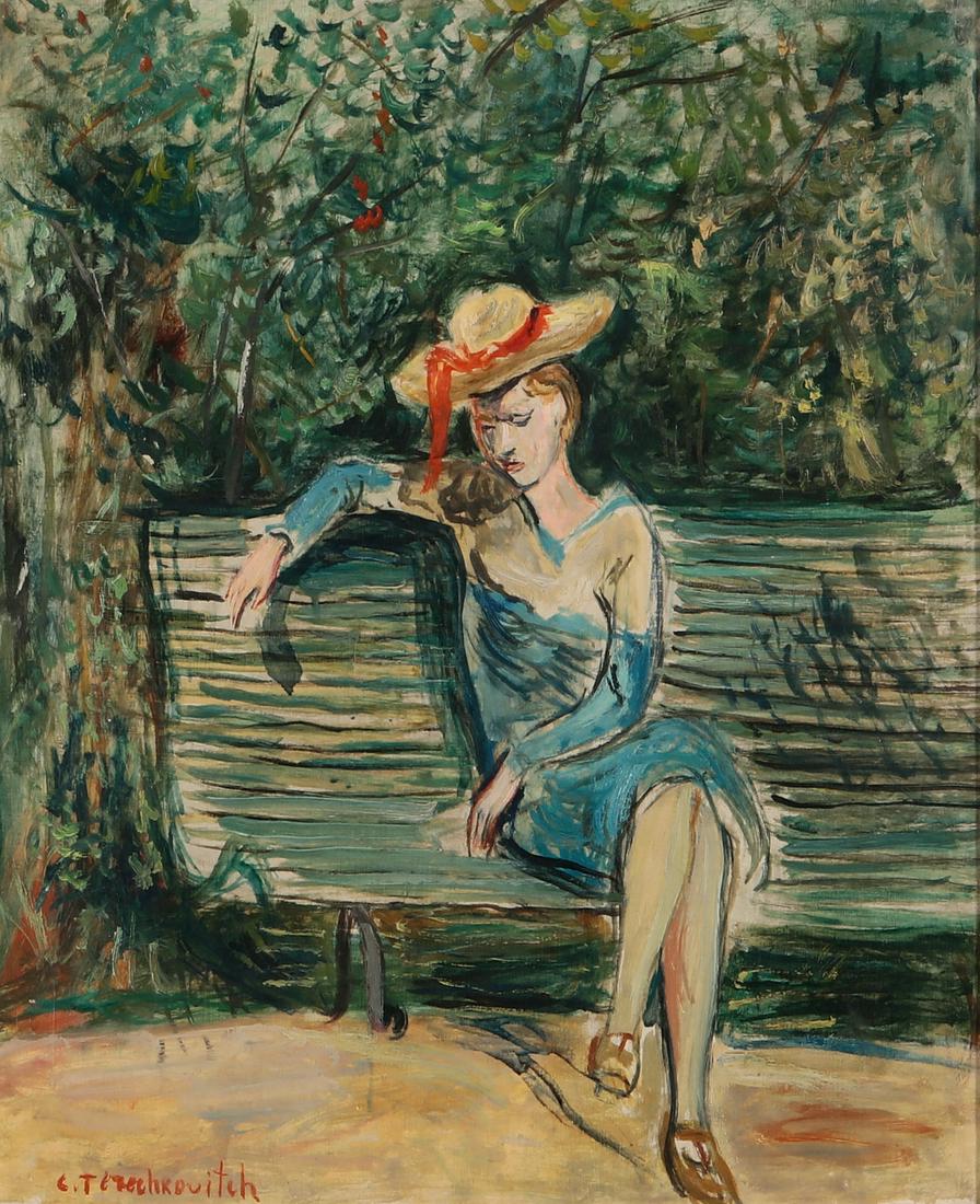 Constantin Terechkovitch, Seated Woman, o/c: Constantin Terechkovitch (French/Russian, 1902-1978)Seated Womanoil on canvassigned in orange lower left Constantin Terechkovitch17 x 21in (43 x 54cm) Footnote: Usually known as K