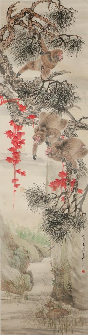 Chinese scroll painting, monkeys amongst trees (1 of 5)