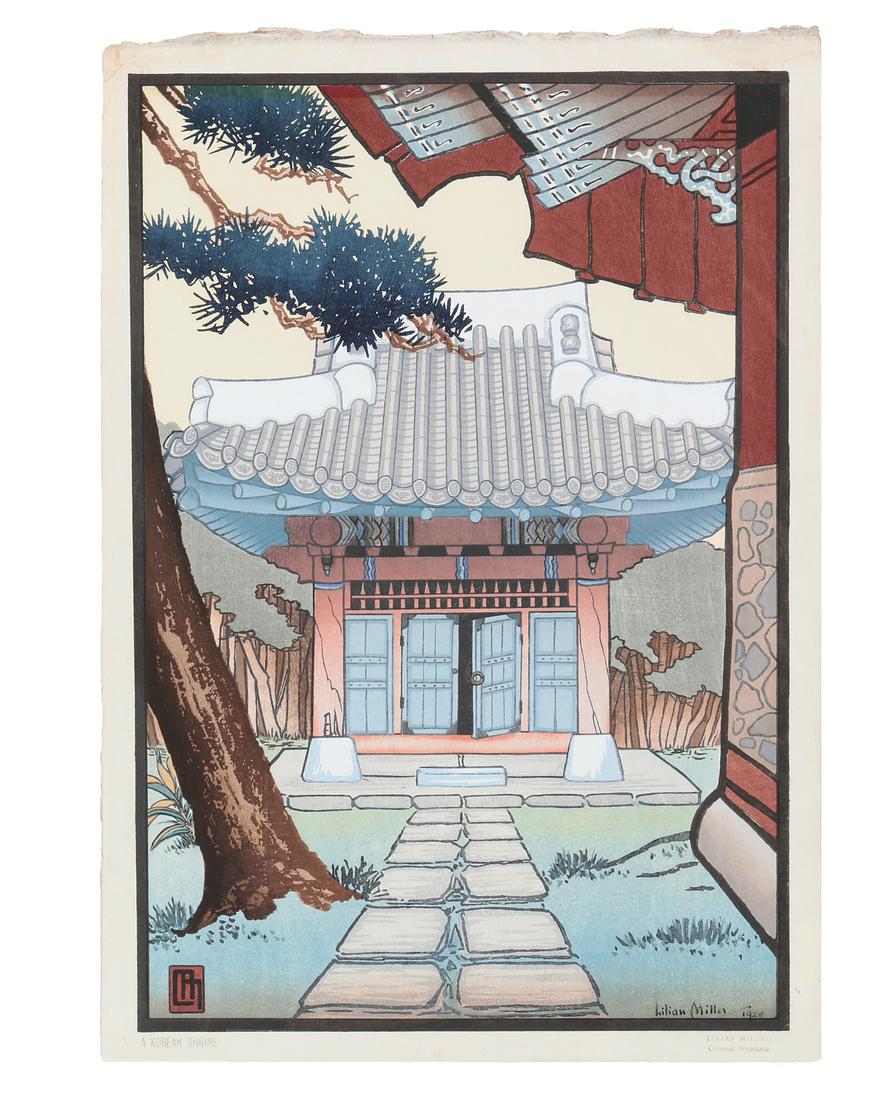 Lilian May Miller, Korean Shrine, woodblock print (1 of 4)
