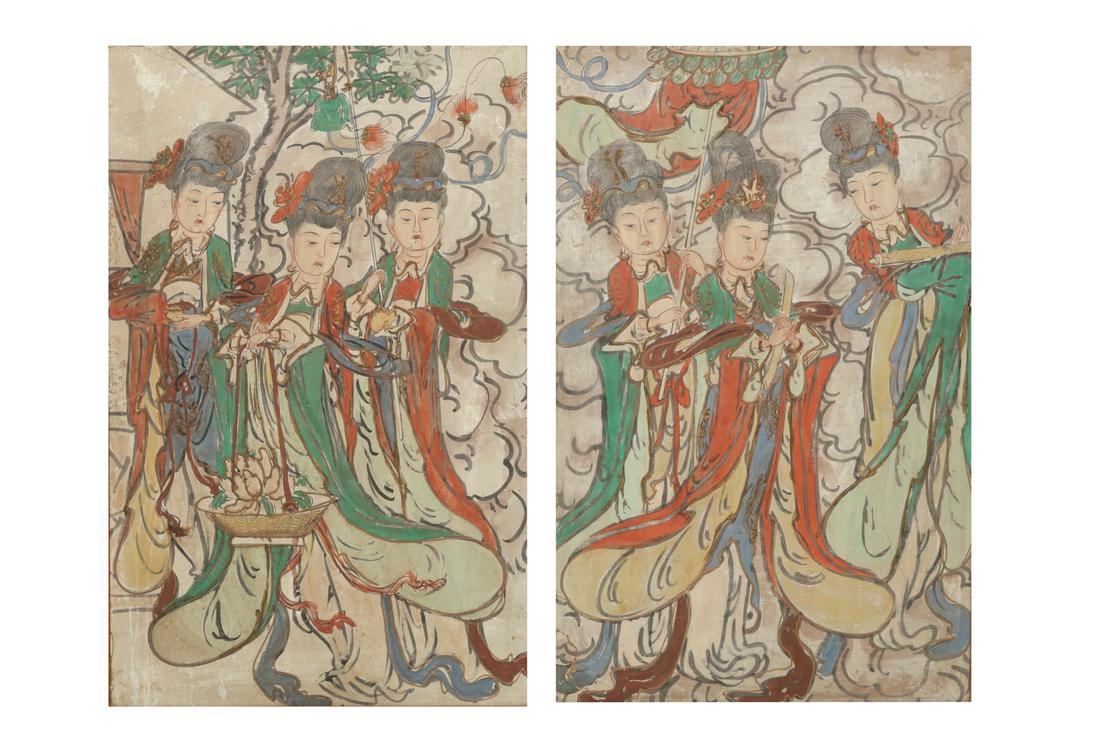 Pair of Chinese Ming style painted fresco panels (1 of 3)