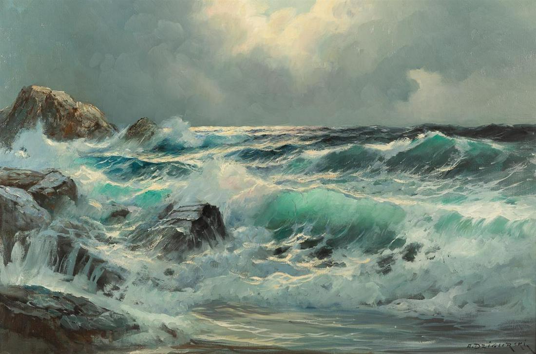 Alexander Dzigurski, oil on canvas: Alexander Dzigurski(Serbian/American, 1911-1995)Schiroco [sic] South Windoil on canvassigned A. Dzigurski lower right, titled and with artist's stamp to reverse24 x 36in (60.1 x 91.4cm)