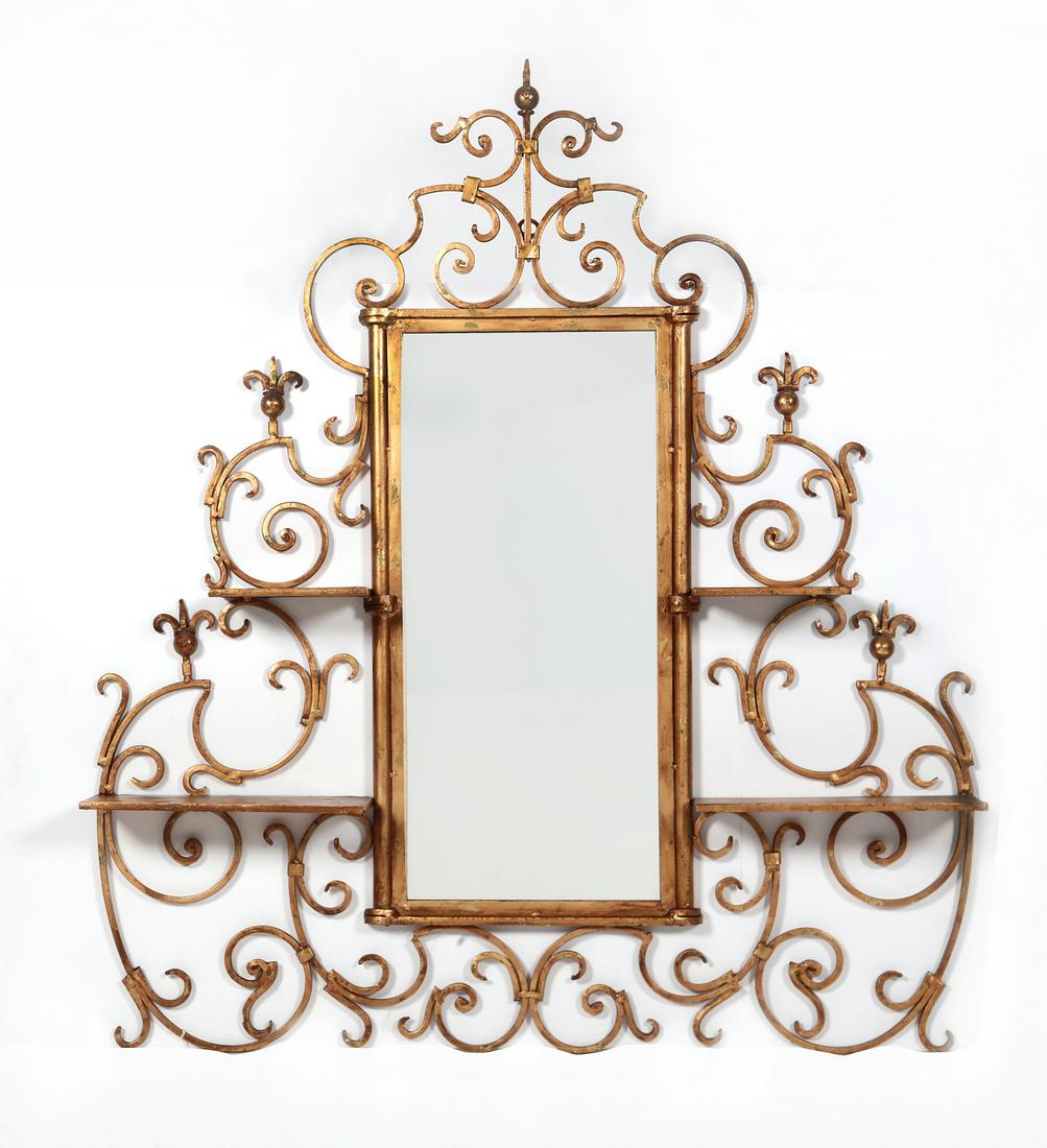 A Rococo style gilt iron mirrored shelf: A Rococo style gilt iron mirrored shelf 20th century height 38 1/2in (98cm); width 34in (87cm); depth 4 3/4in(12cm) Provenance: Property from the collection of the late Basil W. R. Jenkins, California