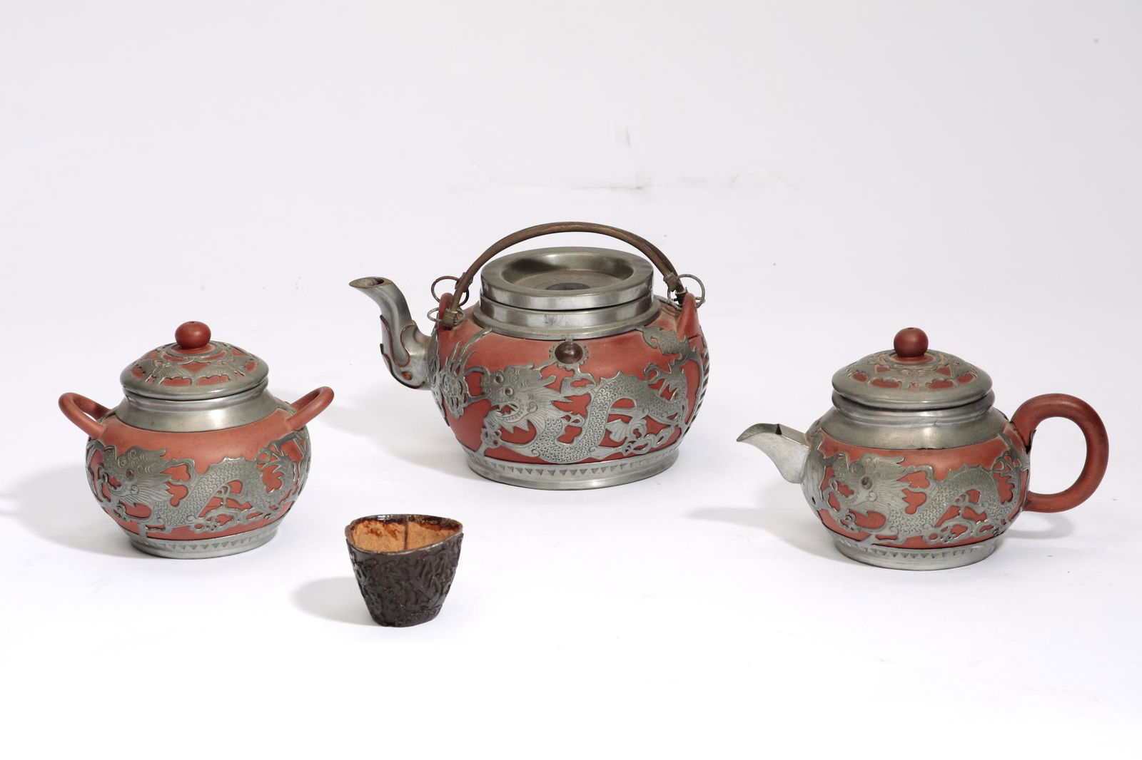 Chinese pewter mounted ceramic tea service (1 of 2)