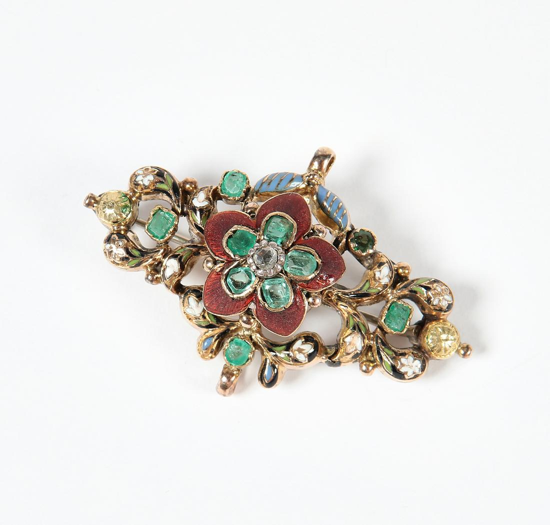 Antique emerald, diamond, enamel and gold brooch (1 of 2)