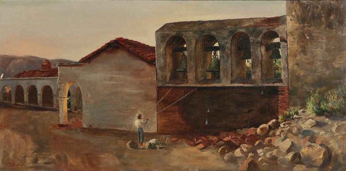 Fannie Eliza Duvall, Ringing the Mission bells: Fannie Eliza Duvall ((American, 1859-1934))Ringing the Mission bellsoil on canvassigned lower left F E Duvall14 x 28 1/4in (35 1/2 x 72cm) Provenance: Property from a Private Newport Bea