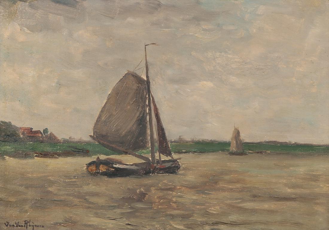 Jan Van Rhynnen, Sailboats under grey sky: Jan Van Rhynnen ((Dutch, 1859-1929)) Sailboats under grey sky oil on canvas signed lower left Jan Van Rhynnen 10 x 14in (25.5 x 35.5cm) Provenance: Property from the Estate of Keith McCoy, L