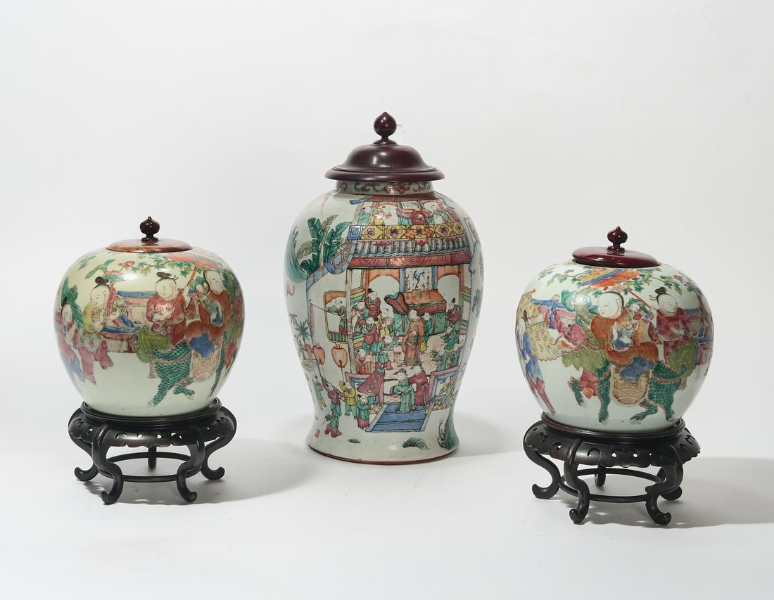 Three Chinese glazed porcelain covered jars (1 of 3)