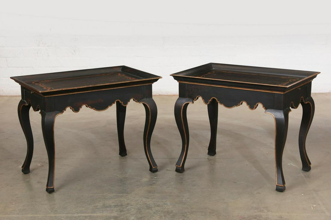 A pair of Las Palmas Design 'English' tea tables: A pair of Las Palmas Design 'English' parcel gilt and ebonized tea tablesEach having a slide to either end.height 24 3/4in (63cm); width 31in (78.5cm); depth 21in (53.5cm)