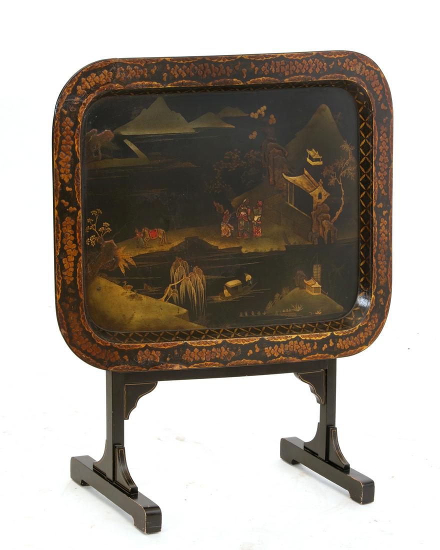 AChinoiserie decorated papier mache tray on stand (1 of 3)