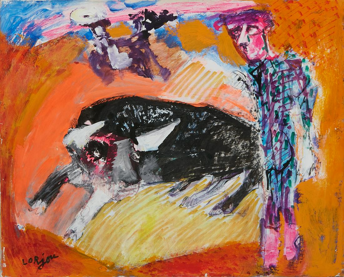 Bernard Lorjou, Picador, Toreador and Bull: Bernard Lorjou (French, 1908-1986)Picador, Toreador and Bull, 1976acrylic and felt pen on paper laid to canvassigned lower left Lorjou15 x 18in (38 x 46cm)