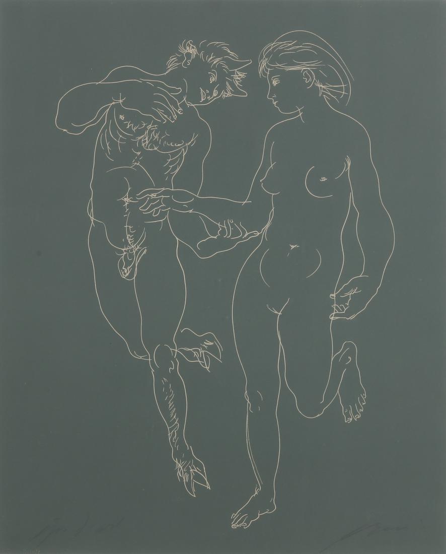 Hans Erni, Venus and satyr, linocut: Hans Erni (Swiss, 1909-2015)Venus and satyrlinocutsigned in pencil lower right.21 x 17in (53 x 43cm)