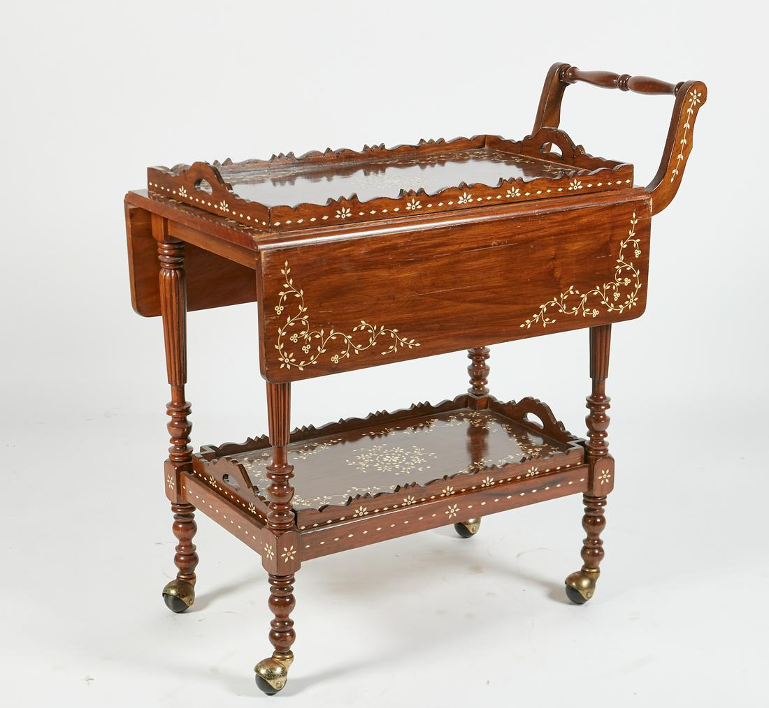A Levantine style inlaid hardwood bar cart: A Levantine style inlaid hardwood bar cart post 1950 With two lift off trays. height 35in (89cm); width 34 1/2in (87.5cm); depth 18 1/2in (47cm) Provenance: Property from the Joan and Ephram Sales Est