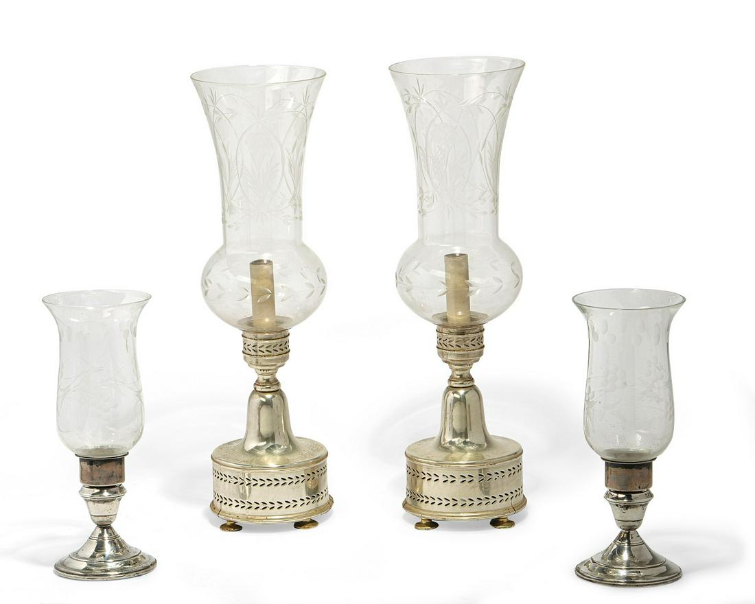 Two pairs of silverplated & glass hurricane lamps (1 of 3)