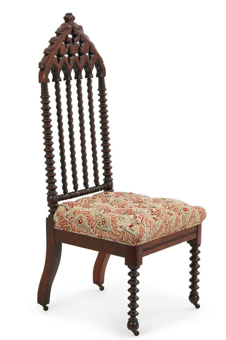 An English Gothic style mixed wood side chair: An English Gothic style mixed wood side chair late 19th century height 44 1/2in (113cm); width 19 1/2in (49.5cm); depth of seat 16 1/2in (42cm)