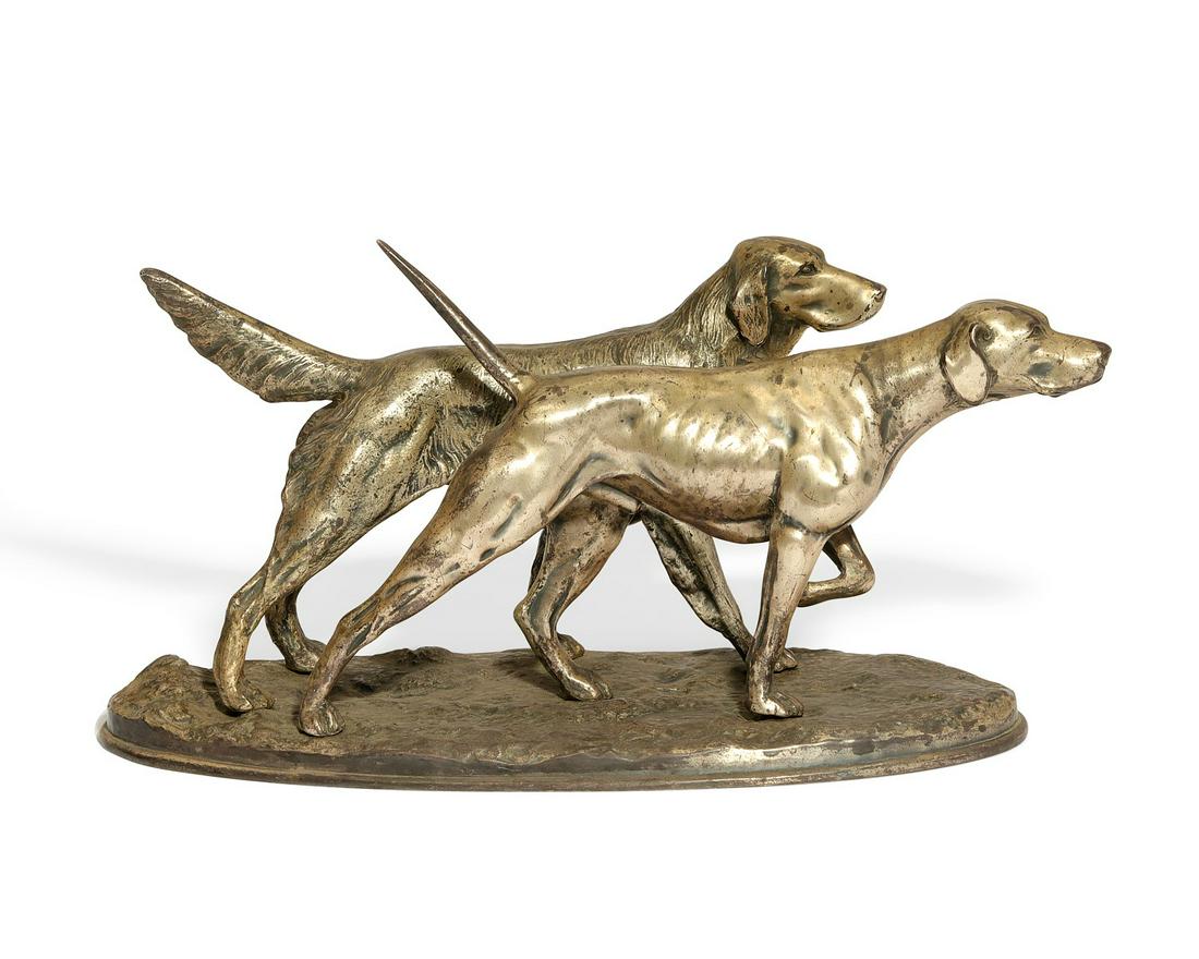 A French silvered metal group of two hunting dogs (1 of 5)