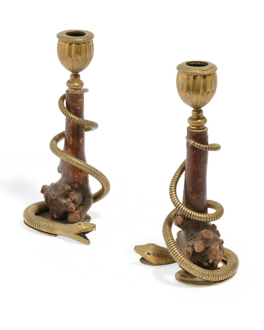 Pair of Indian rootwood serpent form candlesticks (1 of 4)