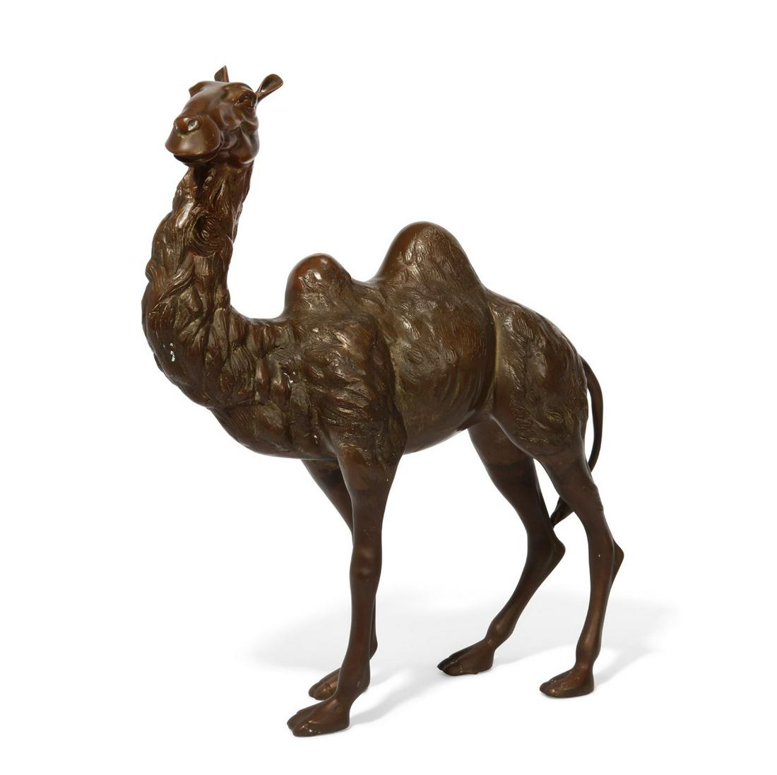 A patinated bronze model of a bactrian camel: A patinated bronze model of a bactrian camel post 1950 height 19 1/4in (49cm); length 16 1/2in (42cm); depth 5in (13cm)