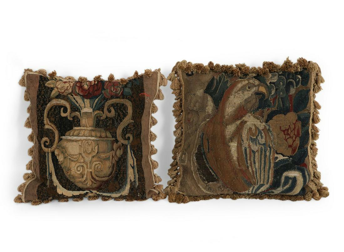 Two Flemish tapestry fragment cushions (1 of 2)