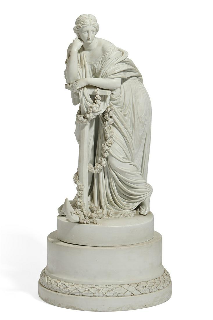 A French porcelain model of the goddess Laetitia: A French parian porcelain model of the goddess Laetitiacirca 1900Raised on a circular plinthoverall height 18in (47cm); diameter 8 3/4in (22cm)