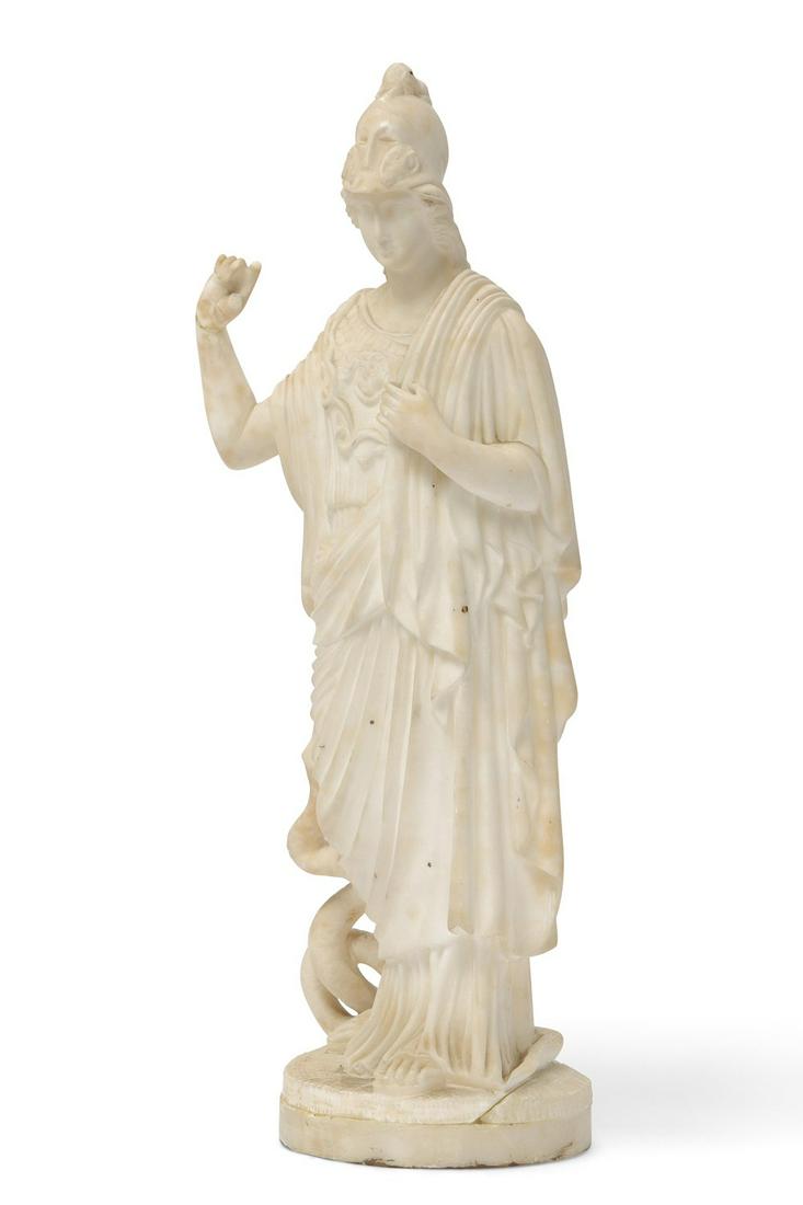 A Continental white marble model of Athena: A Continental white marble model of Athena late 19th/early 20th century height 15 1/2in (39cm); width 6in (15cm); depth 4in (10cm)