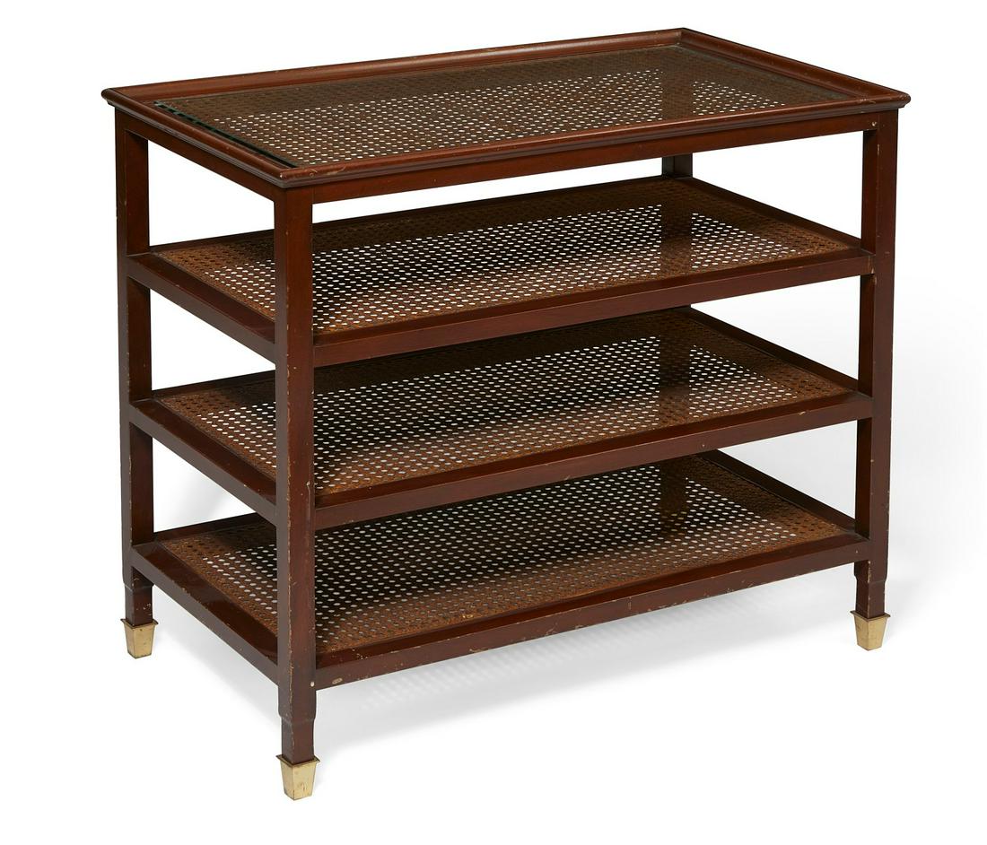 A stained wood and cane paneled four tier table: A stained wood and cane paneled four tier table modern height 25in (63.5cm); width 28 1/2in (72cm); depth 16 1/2in (42cm)