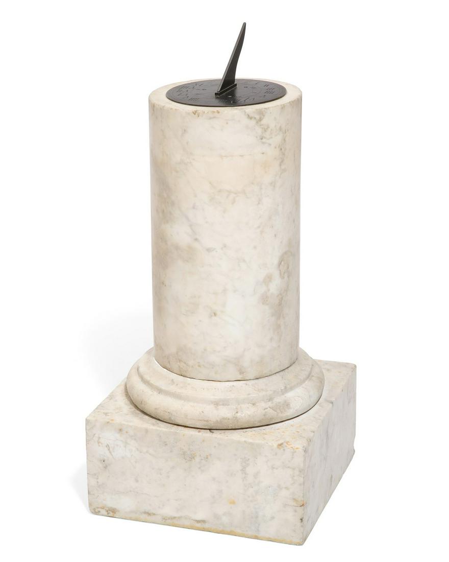 An English bronze and white marble sundial: An English patinated bronze and variegated white marble sundialWilliam & Frederick Newton, Londonmid 19th centuryThe dial impressed W & F NEWTON / 3 FLEET STREET LONDON.height 21 1/2in (54.5cm); width