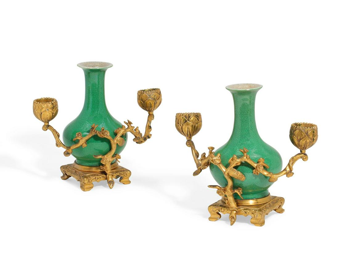 Pair bronze & Chinese green porcelain candelabra (1 of 6)