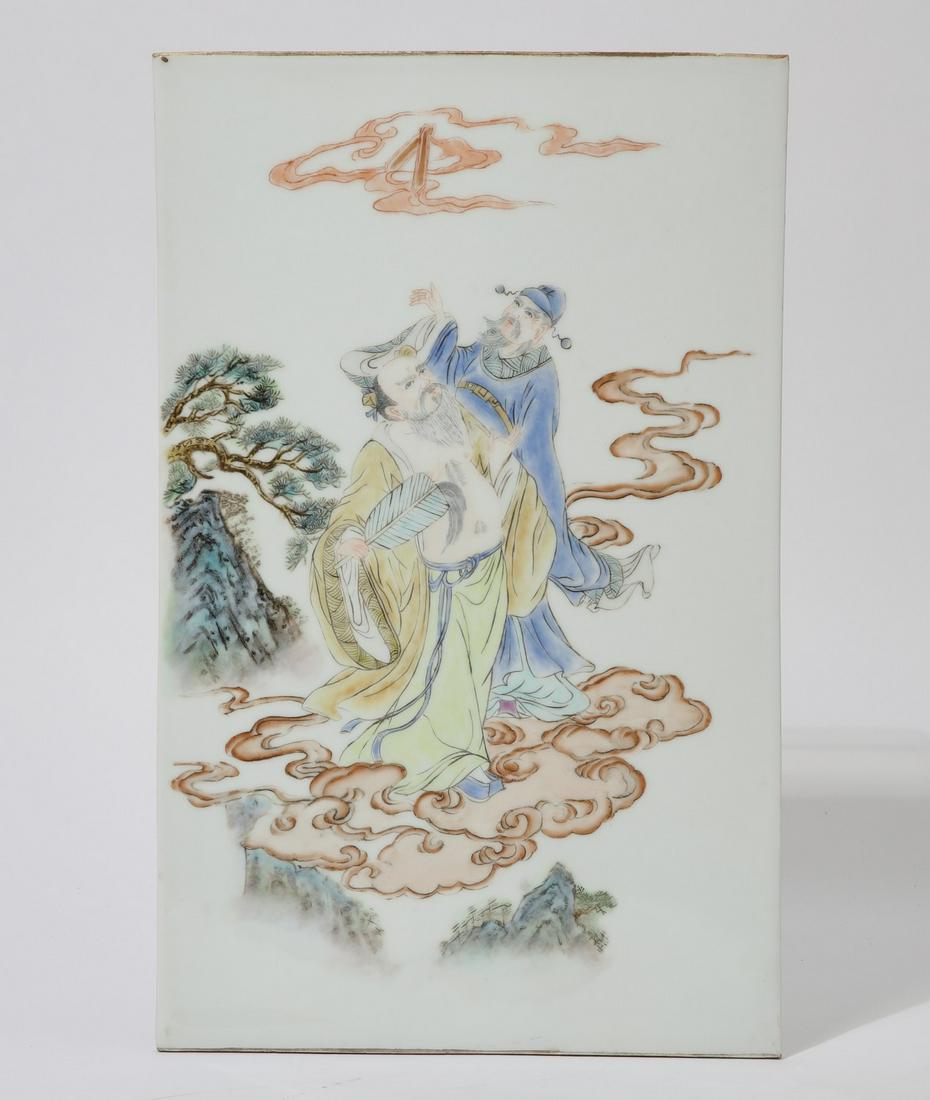 A Chinese glazed porcelain panel of two dieties: A Chinese glazed porcelain panel depicting two dieties16 1/2 x 10 1/2in (42 x 26.5cm) Provenance:Property from the Collection of Barry Marlin, Beverly Hills, California.