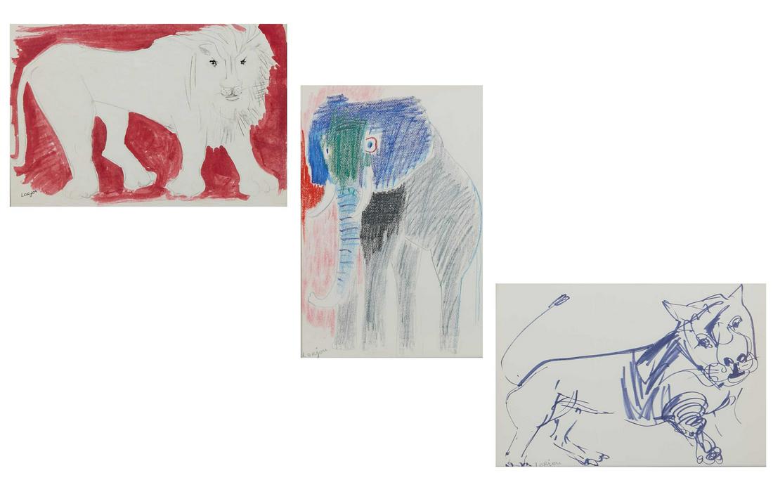 Bernard Lorjou, The Lion, Elephant & Tiger: Bernard Lorjou (French, 1908-1986)The Lion, 1965-1966; Elephant, 1966-1967 and Tiger, 1973-1975 (3)mixed media on papereach signed lower left Lorjou14 x 21in (35.5 x 53.5cm)