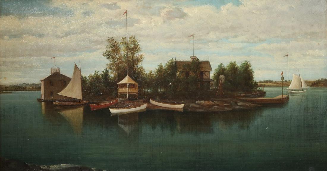 Continental School, Boats moored on an island: Continental School (19th century) Boats moored on an island oil on canvas 11 x 20in (28 x 51cm) Provenance: Property from a Private Collection, Long Beach, California.