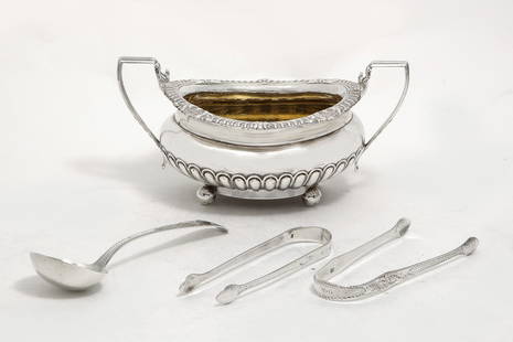 Four pieces of English  silver tableware, Bateman: Four pieces of English sterling silver tablewareHester Bateman and other makersComprising: a sugar bowl (marks rubbed), a pair of sugar tongs marked for Hester Bateman, no date letter, a pair of sugar