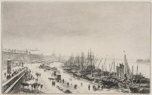 Maxime Lalanne, Bordeaux Waterfront: Maxime Lalanne (France, 1827-1886)Bordeaux Waterfrontetching on wove paperetching on wove paper of the Bordeaux shipyard, docks and waterfront, ca.1875.5 1/2 x 8 1/2in (14 x 22cm) Provenance