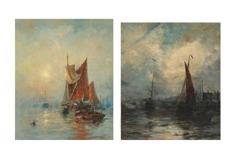 George Bunn, Boats in an estuary, 1891 & another: George Bunn (American, fl. 1885-1989)Boats in an estuary, 1891 and a companion (2)oil on canvassigned and dated lower rightlarger 27 1/2 x 22in (70 x 56cm); smaller 24 x 20in (61 x 51cm) Pro