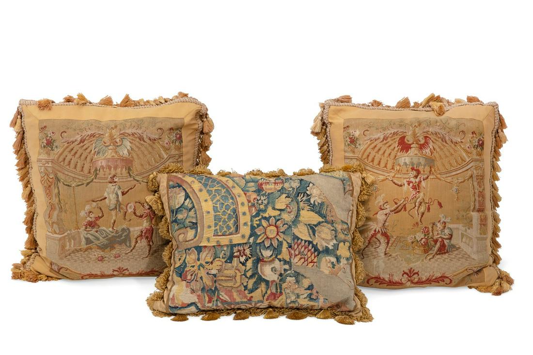 Three French tapestry panel scatter cushions (1 of 2)