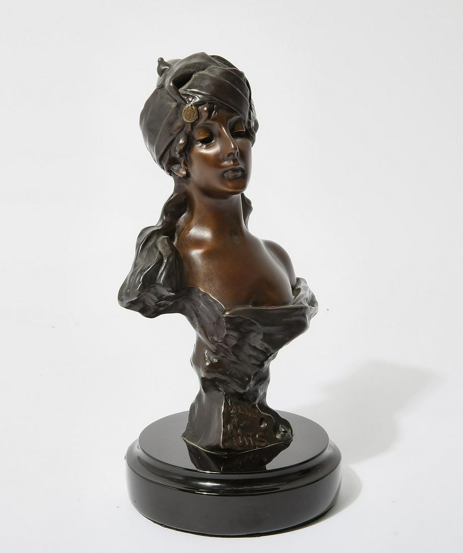 A French bronze bust of Hades, after Villanis: A French patinated bronze Art Nouveau style bust of Hades after a model by Emmanuel Villanis (1858-1914) modern Incised E Villaniand MILLE et une HUITS, on a circular black slate base. height 8 1/2in 