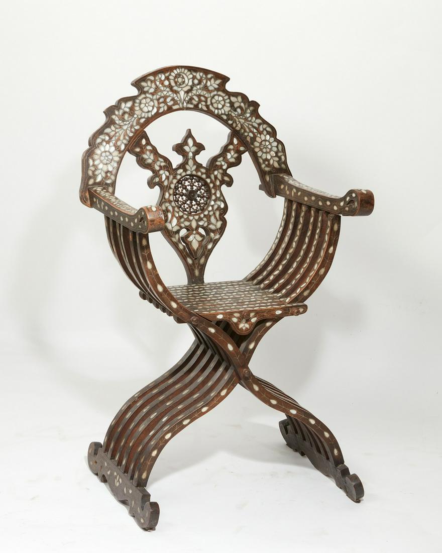 A Levantine inlaid hardwood Savonarola chair (1 of 7)