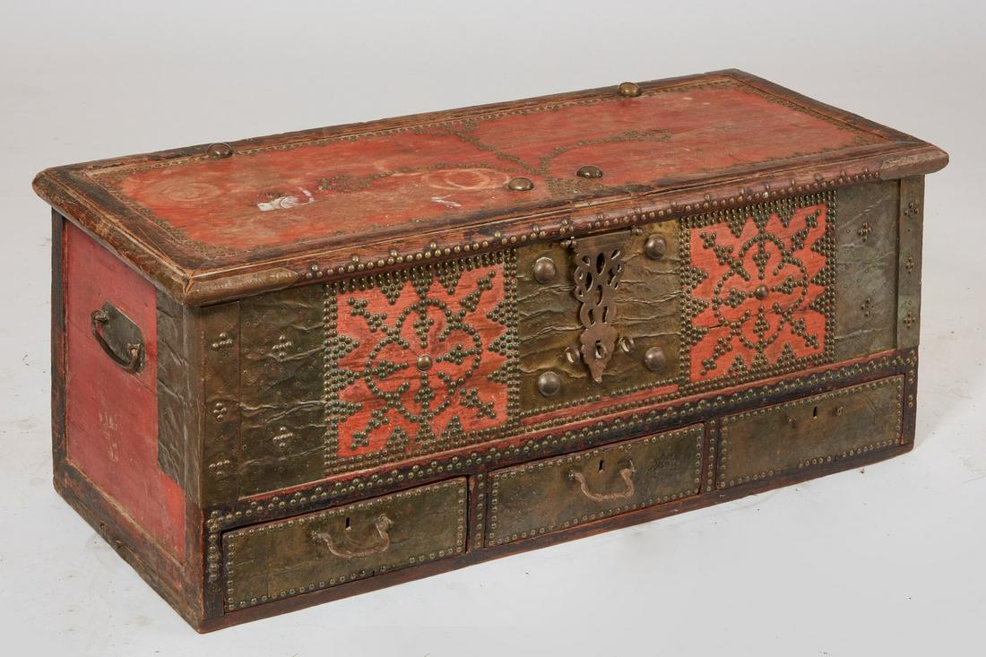 A brass mounted red painted teak Zanzibar chest (1 of 5)