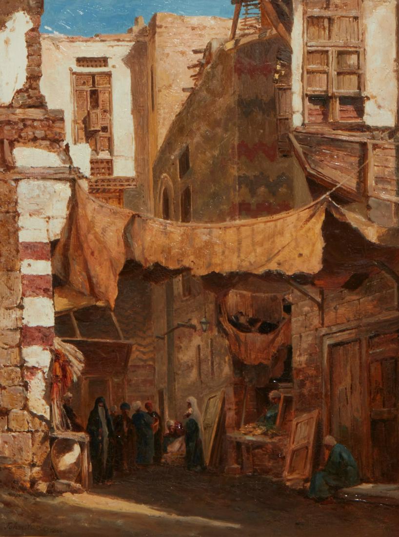 John Varley, Jnr., Merchants in a medina, 1880: John Varley, Jnr. ((British, 1850-1933)Merchants in a medina, 1880oil on boardsigned lower left John Varley and dated20 x 15in (51 x 38cm) Provenance:Property from a Private