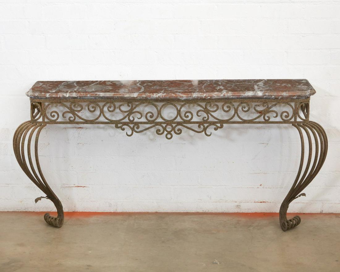 A patinated wrought iron console: A patinated wrought iron console modern height 34 1/2in (87.5cm); width 75in (190.5cm); depth 20in (51cm)
