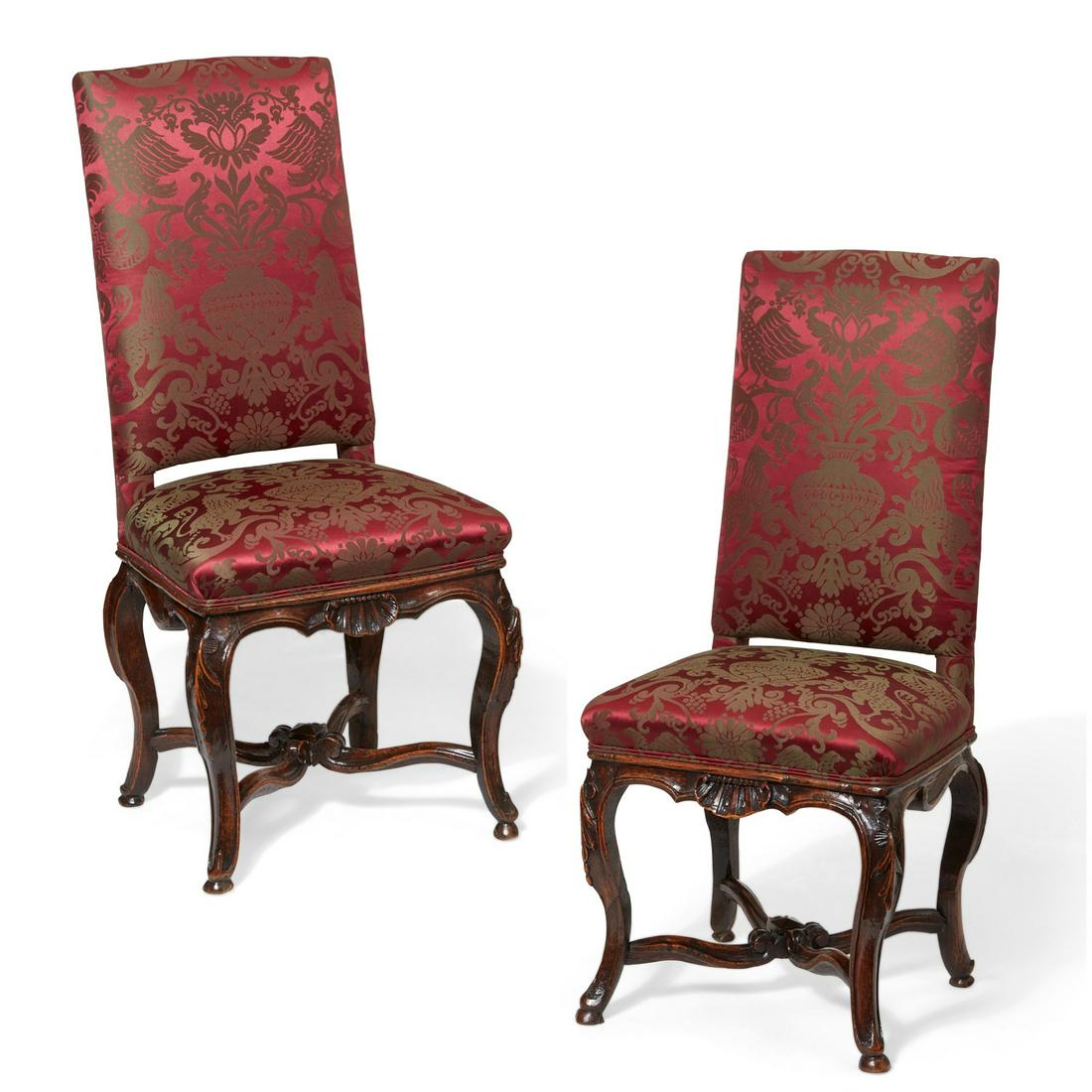 A pair of Louis XV Provincial walnut chaises: A pair of Louis XV Provincial stained walnut chaisesmid 18th centuryheight 43 3/4in (111cm); width 19 1/2in (49.5cm); depth 14 1/2in (37cm)