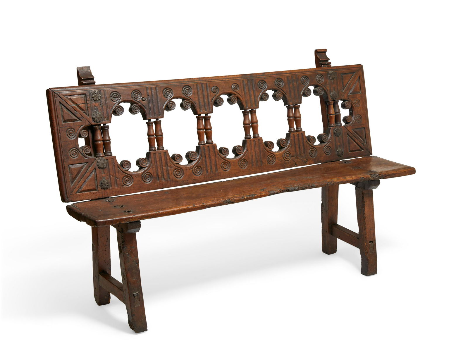 A Spanish Baroque style iron mounted walnut bench (1 of 8)