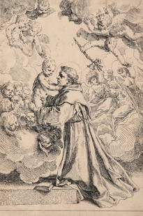 Simone Cantarini, Saint Anthony of Padua & Christ: Simone Cantarini (Italy, 1612–1648)Saint Anthony of Padua adoring the Christ Child in Glory, c. 1639etching on laid papera bright impression with excellent contrast, central watermark present, trimm