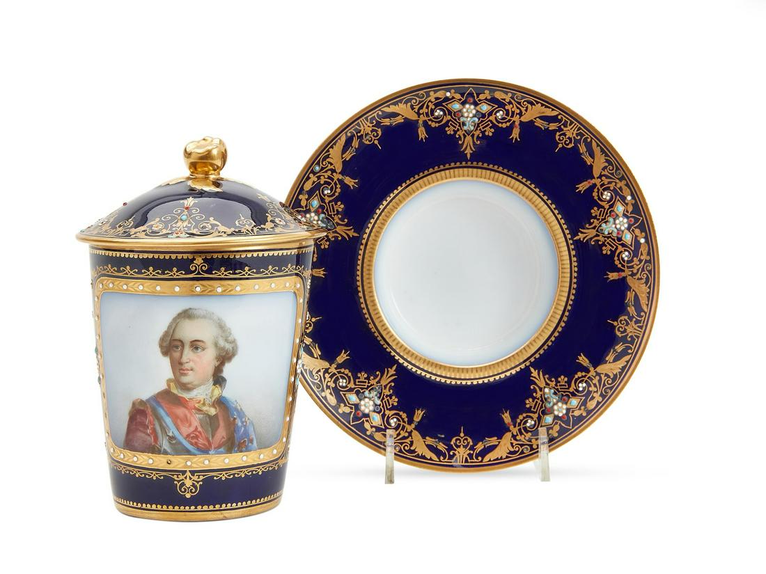 Sevres porcelain trembleuse covered cup & saucer (1 of 5)